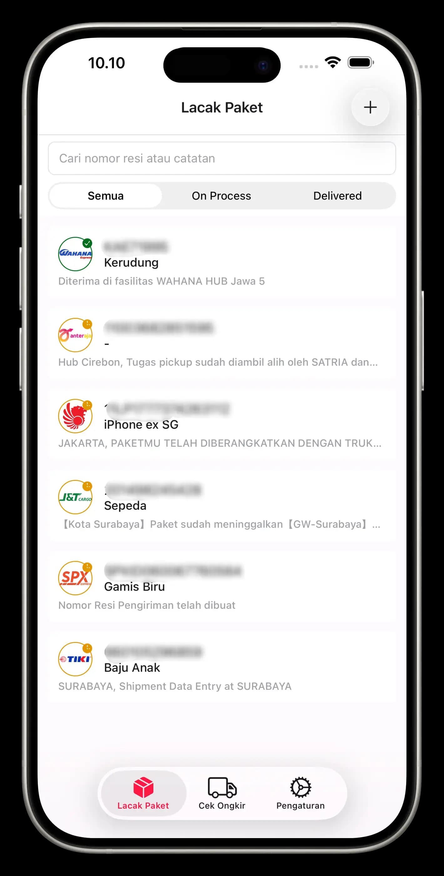 Screenshot aplikasi Lacak Paket di iPhone 15